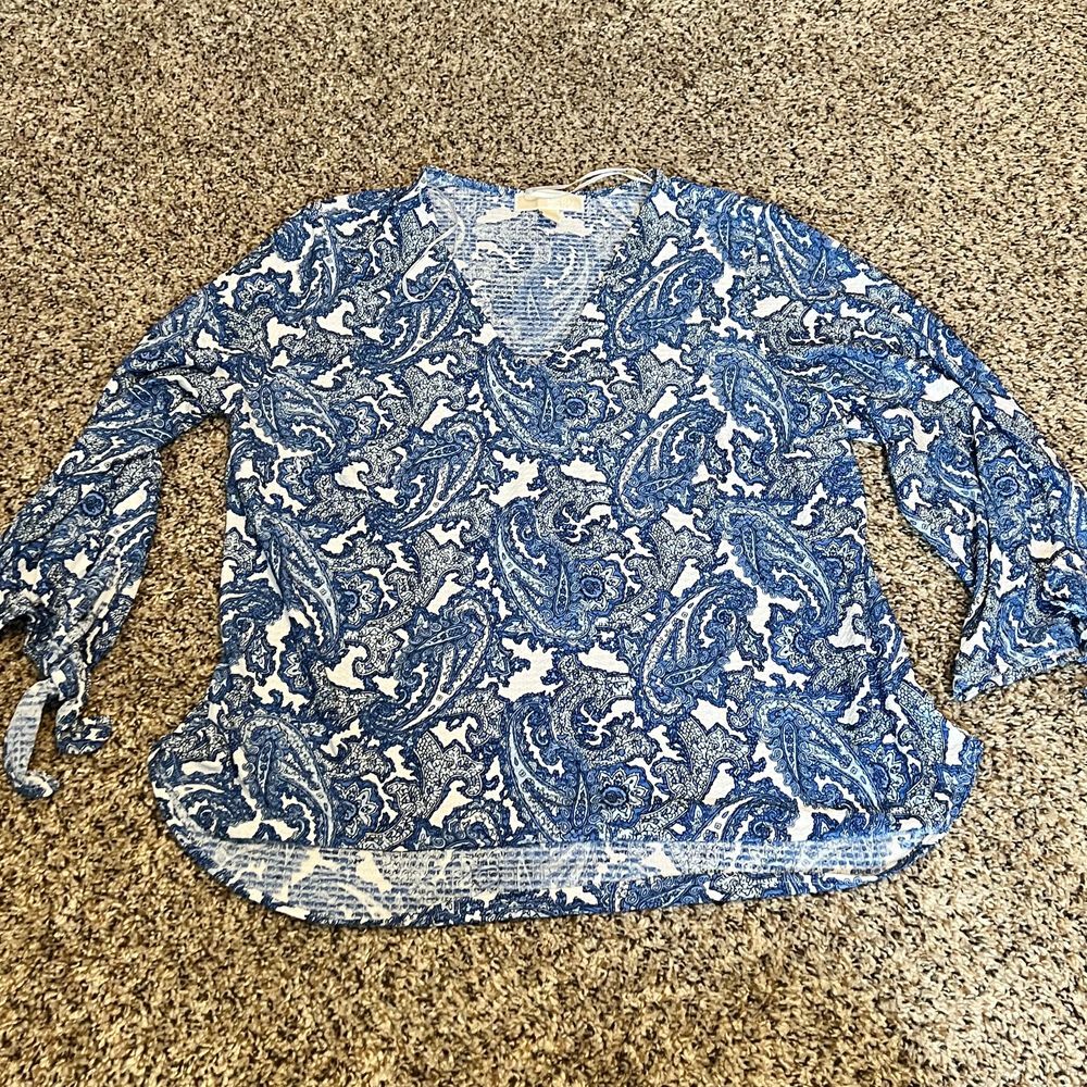 Michael Kors Blue & White‎ Paisley Print Long Sleeve Blouse Size 0X